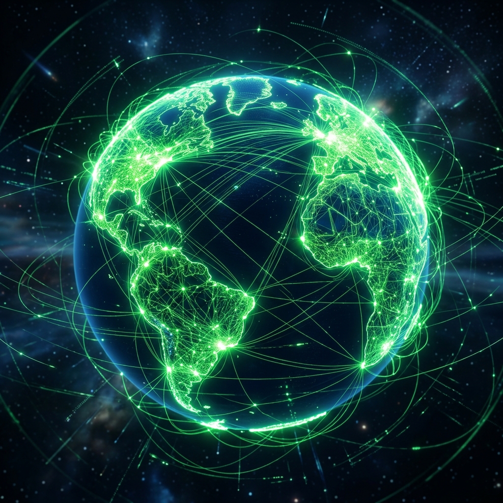 A cinematic abstract visualization of a high-tech global network of professionals, glowing green fiber optics forming a planet, modern corporate aesthetic, unreal engine 5 render, no people
